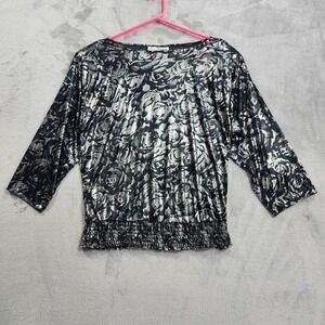 Vintage Jeri Marque Top Womens M Silver Floral Foil Boat Neck Dolman Blouse‎